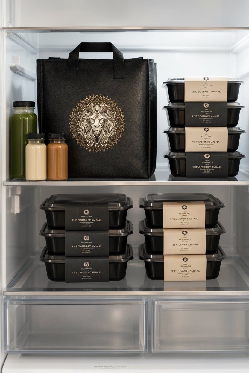 Insulated meal delivery bag and meal containers stocked inside a clean modern refrigerator